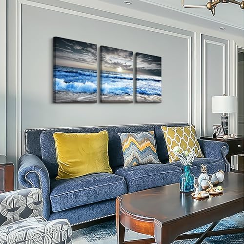MHARTK66 3 Panel Blue Beach Canvas Wall Art for Home Decor Bedroom Wall painting Sunset White Wave Beach Pictures on Canvas Sea View Canvas Prints Artwork for Wall Decor Living Room Decorations - Image 2