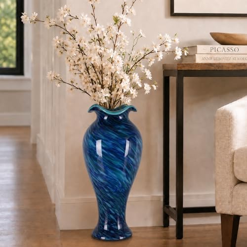 19.7H Murano Hand Blown Glass Vase, Ruffled Scalloped Rim Wide Mouth Colorful Decorative Flower Vase, Large Glass Centerpiece for Living Room, Bathroom, Office, Bookshelf, Entryway,Mantel Decor(Blue) - Image 2