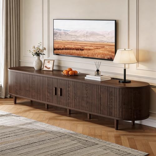 90" Mid Century Modern TV Stand with Power Outlet, Fluted Entertainment Center with Storage and Adjustable Shelves, Wood TV Console with Sliding Doors for Living Room, Walnut by Unknown
