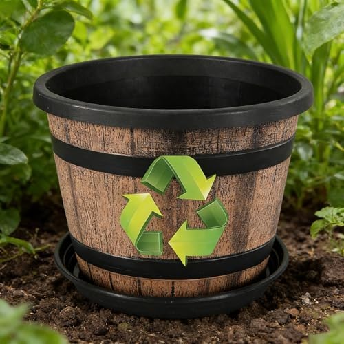Whiskey Barrel Planters 12 Inch, 5 Pack Plastic Pots with Wood Design - Image 4