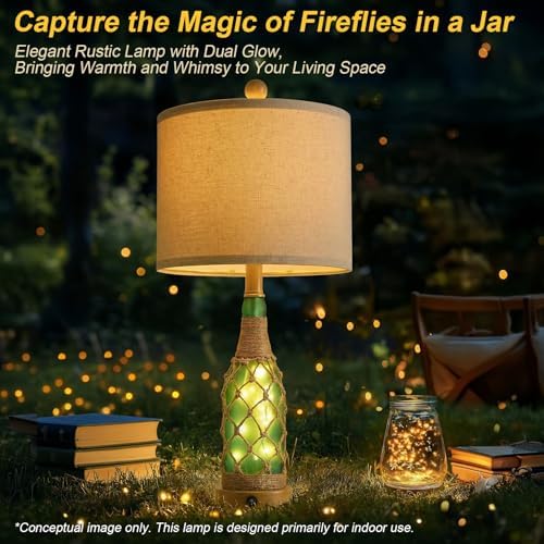 OYEARS 23'' Boho Table Lamps with Night Light for Living Room, Bedside Lamps Set of 2 with A+C Charging Ports for Bedroom, Farmhouse USB Lamps for Nightstand Console, Glass Bottle Rope Base, Green - Image 2