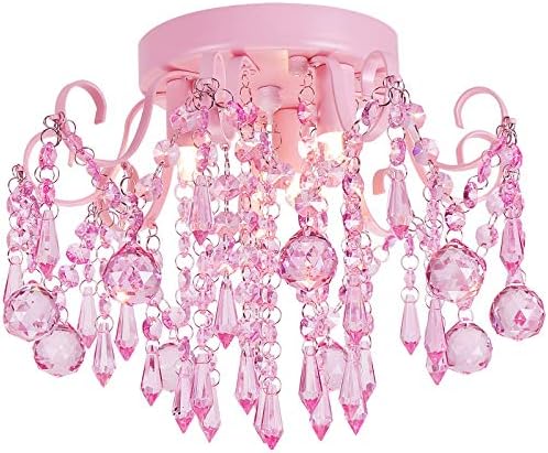 Q&S Mini Crystal Chandelier,Semi Flush Mount Pink Girl Chandelier, Small Crystal Ceiling Light Fixture Bedroom Bathroom Closet Nursery 3 Lights by QSLighting