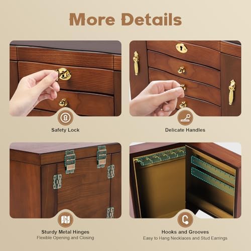 Large Wooden Jewelry Box with Mirror and Lock, 5 Layers Locking Jewelry Organizer, Watches Necklace Ring Storage Box for Women - Image 4