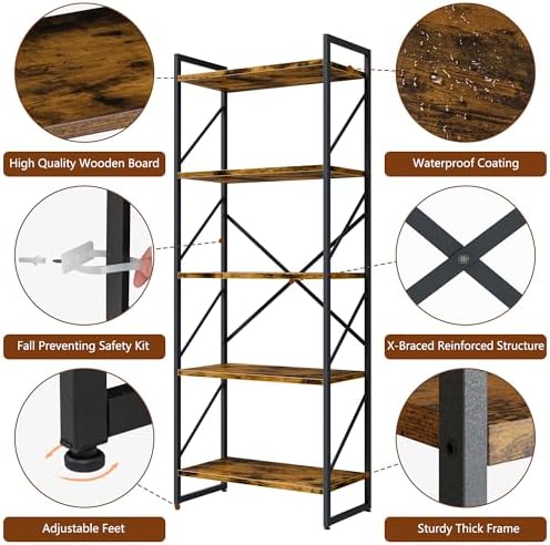 Shintenchi 5 Tiers Bookshelf, Classically Tall Bookcase Shelf, Industrial Book Rack, Modern Book Holder in Bedroom/Living Room/Home/Office, Storage Rack Shelves for Books/Movies-Rustic Brown - Image 6