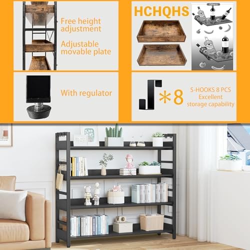HCHQHS Bookshelf, Adjustable Industrial Bookcase, Vertical Tall Book Shelf, Wood and Black Metal Open Bookshelves for Home Office, Living Room, Bedroom (Black, 4-Tier (47" W x 44" H)) - Image 5