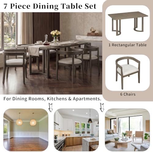 VilroCaz Acacia Wood 7 Piece Dining Table Set with 6 Upholstered Chairs - Image 4