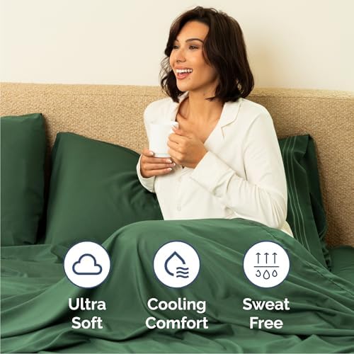 Cal King Size 4 Piece Sheet Set - Breathable & Cooling - Emerald Green - Image 4