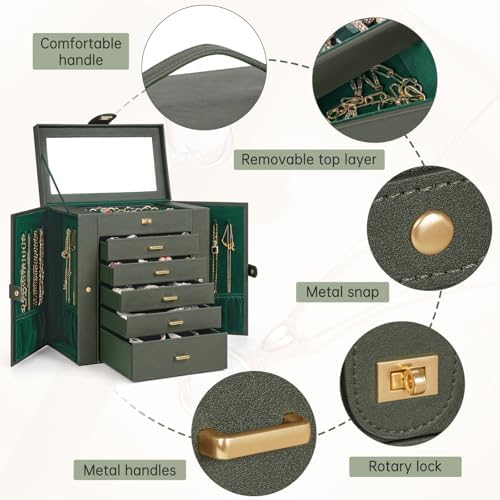 AKOZLIN 6-Tier Jewelry Box Organizer 5 Drawers Storage XLarge Darkgreen - Image 3