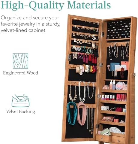 Best Choice Products Freestanding Jewelry Armoire Cabinet, Full Length Standing Mirror, Lockable Makeup Storage Organizer, w/Velvet Lining, 3 Angles, Lock, Accessory Pouch, 5 Shelves - Rustic Brown - Image 5