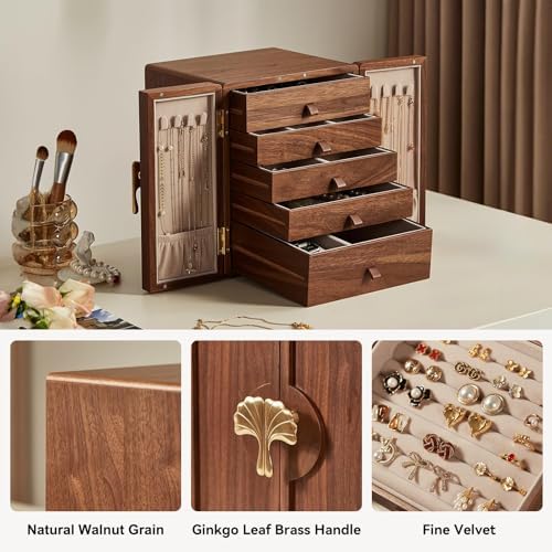 CHOSIN 5 Layer Wood Jewelry Box with Ginkgo Brass Handle & Magnetic Closure - Image 5