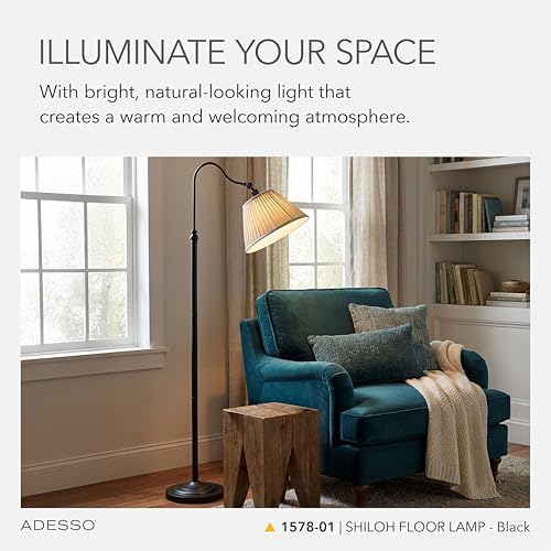 Adesso Floor Lamp, Black & Oatmeal, Pleated Shade, Curved Arm, 63” - Image 2
