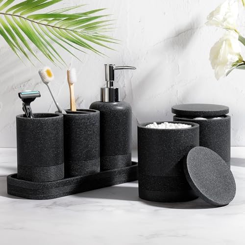 Bathroom Accessories Set, 6-Piece Bathroom Accessory Set, Toothbrush Holders Set, Soap Dispenser, Vanity Tray, Tumbler, Cotton Swab Jars, Bathroom Organizer for Modern Bathrooms(Black) - Image 2