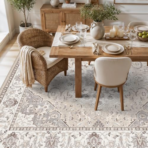 10x10 Square Living Room Rug: Washable Vintage Ultra Soft Carpet for Bedroom Office Dining Room Thin Non-Slip Kids Room Rug Farmhouse Durable Low Pile Floor Mat for High Traffic Areas(10x10，Beige) - Image 2