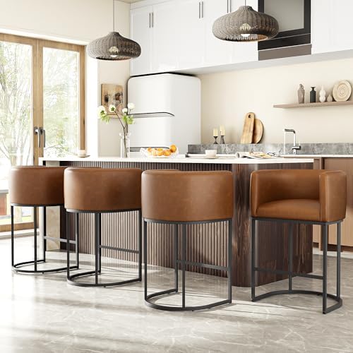 26" H Counter Height Bar Stools Set of 4, Modern Barrel Counter Stools with Backrest and Arms, Faux Leather Upholstered Accent Barstools for Kitchen Island,Support 450 LBS (Walnut Brown by VATROS
