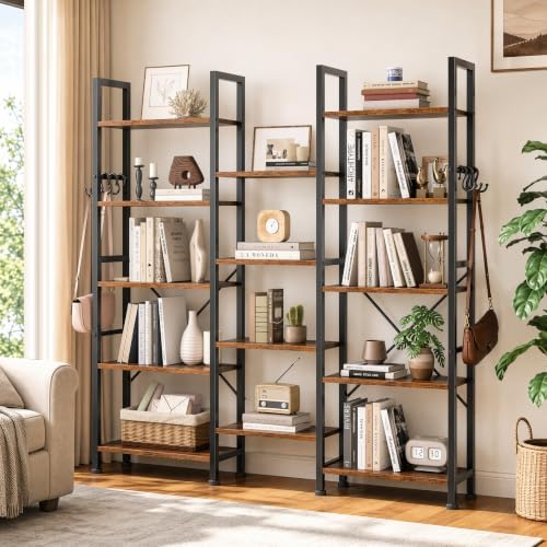 Furologee Triple 5 Tier Bookshelf, Industrial Book Shelf Book Case, Wide Bookcase with 14 Display Shelves for Living Room, Home Office, Rustic Brown - Image 2