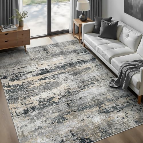 pmtsns Area Rugs 6x9 for Living Room: Washable Rug Modern Abstract Neutral Soft Non-Slip Low-Pile Indoor Carpet for Bedroom Dining Room Playroom Home Office (Black Grey Brown, 6'x9') by pmtsns