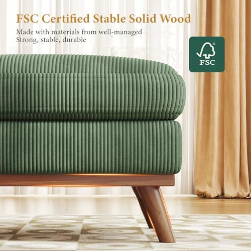Vesgantti Large Ottoman for Modular Sofa, 29.5" Corduroy Pouf Ottoman with Spring Cushion, Rectangle Foot Rest for Couch, Entrance Footstool with Wood Legs, Footstool for Living Room, Bedroom, Green - Image 4