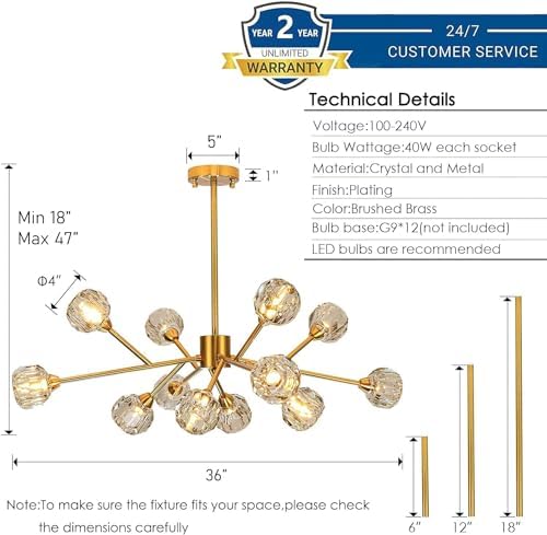 Weesalife Gold Sputnik Chandeliers for Living Room，12 Lights D36'' Inch - Image 3