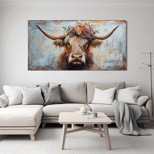 Canvas Wall Art Decor Artwork for Wall Decor Highland Cow Wall Art Prints Wall Art Picutures for Living Room Large Vintage Wall Art Decorations Art Work for Walls Home Bedroom Office Decor 24" X 48" - Image 3