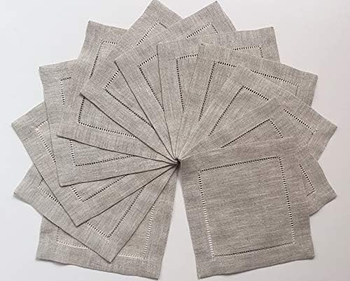Ladder Hem Stitch Natural Linen Cocktail Napkins- 1 Dozen 6"x6"- Linen Cloth Napkin Coasters-Set of 12 by MinhcraftLinens
