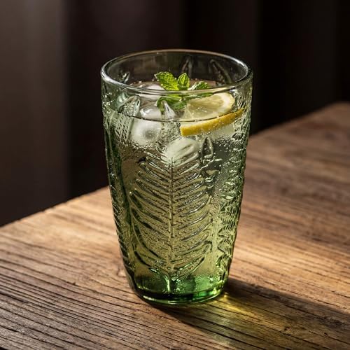 Green Drinking Glasses Set of 8, 12 oz Glass Cups, Vintage Fern Glassware - Image 5