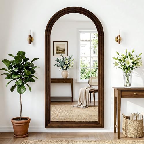 30"x71" Full Length Mirror Solid Wood Frame, Arched Floor Mirror Full Length with Stand, Room Decor Big Full Body Mirror with HD Tempered Glass for Bedroom, Living Room, Walnut Wood - Image 5