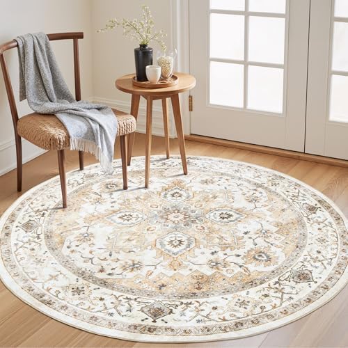 Amada Round 5x5 Washable Area Rug for Living Room, Beige, Vintage Style by AMADAHOMEFURNISHING