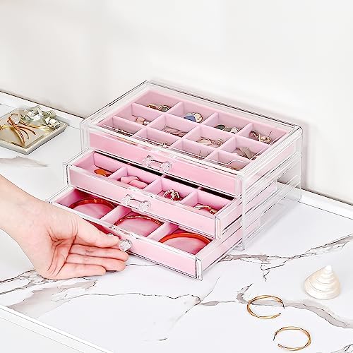 ProCase Earring Holder Organizer Jewelry Box with 3 Drawers, Pink - Image 3