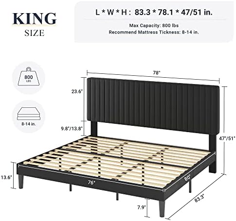 Allewie King Platform Bed Frame, Velvet Upholstered with Adjustable Vertical Channel Tufted Headboard, Mattress Foundation with Strong Wooden Slats, Box Spring Optional, Easy Assembly, Black - Image 2
