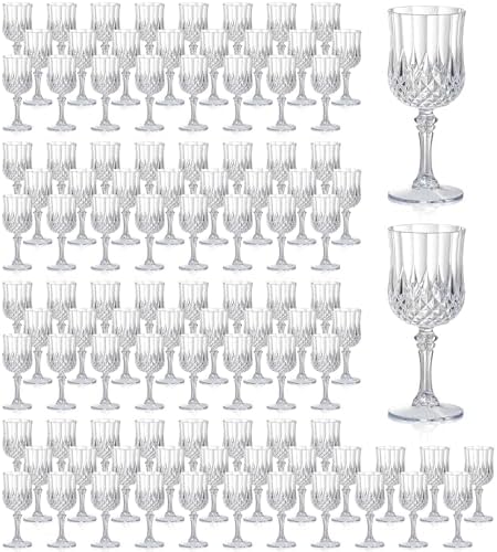 XUWAIDSGN 100Pcs Plastic Vintage Wine Glasses 7oz Reusable Embossed Goblet Glasses Pink Retro Wine Glassware Unbreakable Stemmed Champagne Water Cups for Wine Cocktail Juice Wedding (100, Clear) by XUWAIDSGN