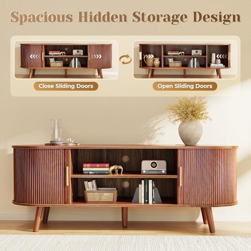 PRAISUN 54 Inch Fluted TV Stand for TVs up to 55 Inch, TV Media Console with Power Outlets and USB-C Port, Entertainment Center with Storage, Curved Sliding Doors, Adjustable Shelf, Brown - Image 5