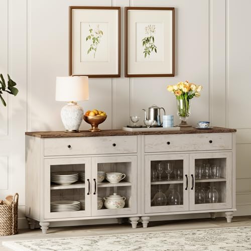 WAMPAT Sideboard Buffet Cabinets with Glass Doors, Kitchen Storage Cabinets, Wooden Coffee Bar Tables with Vintage Gourd Leg, Accent Sideboard Credenza Table for Dining Room, Living Room, Rustic White - Image 3