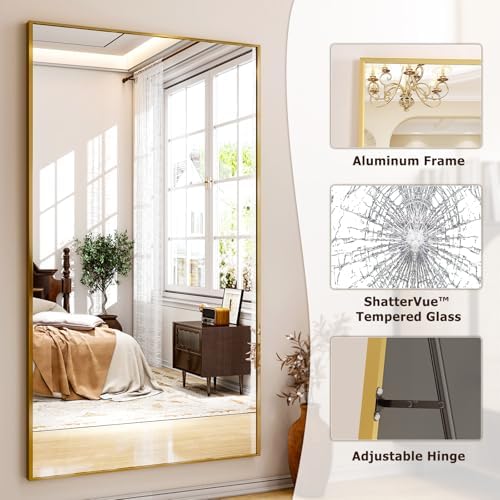 Easly Full Length Mirror with Stand 38"x77" Full Body Mirror Floor Mirror Standing Hanging or Leaning Wall, Wall Mirror with Stand Aluminum Alloy Frame for Living Room Bedroom Cloakroom,Gold - Image 6