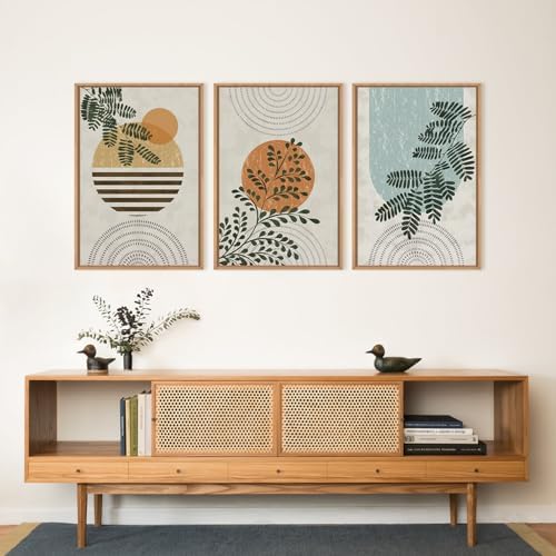 FWIEXA Framed Boho Canvas Wall Art Set, Sage Green Botanical Pictures Wall Decor, Abstract Plants Art Prints, Mid Century Modern Geometric Wall Painting, 3 Panel 16x24 Inches for Living Room, Bedroom, Office - Image 2