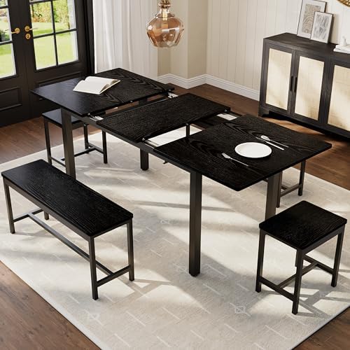 GarveeHome 5 PCs Dining Table Set for 6-8 People, 63 in Extendable Kitchen Table Set with 2 Benches and 2 Square Stools, Modern Dining Room Furniture Sets, Easy Assembly, Black - Image 2