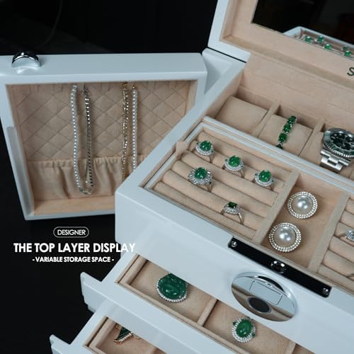 White Wood Jewelry Box, Large Size, Fingerprint Unlock, Seven Level Jewelry Organizer with Necklace Hanger and Mirror, High Gloss Lacquer Finish (5L-WT) - Image 5
