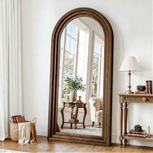 35"x78" Full Length Mirror Solid Wood Frame, Arched Floor Mirror Full Length with Stand, Room Decor Big Full Body Mirror with HD Tempered Glass for Bedroom, Living Room, Walnut Wood - Image 6