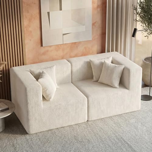 MONVANE 75" Loveseat Sofa, Comfy Chenille Modular Sectional Sofa with 4 Pillows, Modern Deep Seat Boneless Couch, 2 Seater Sofa for Living Room, Bedroom and Apartment, Beige - Image 5