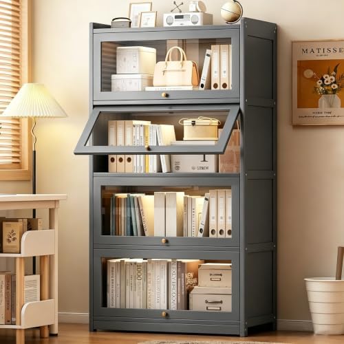 55" Bamboo Bookcases,Book Shelfs with Acrylic Doors,Freestanding Display Storage Shelves for Collectibles,4 Tier Tall Bookshelfs & Bookcases for Living Room Bedroom Home Office by Displaycabinet
