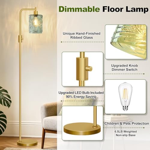 【Upgraded】 Dimmable Floor Lamp for Living Room with Green Feather Glass Lampshade, Gold Modern Floor Lamp with 900LM LED Bulb Included, Arc Standing Tall Lamp for Bedroom, Office, Reading Room, Corner - Image 6