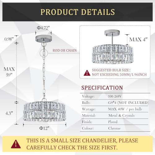 CATINER Chrome Crystal Chandelier 12" 4-Light Modern Ceiling Pendant Light - Image 2