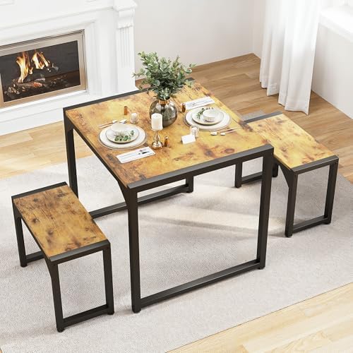 Gizoon Square Dining Table Set for 2, Kitchen Table with 2 Benches Retro by Gizoon