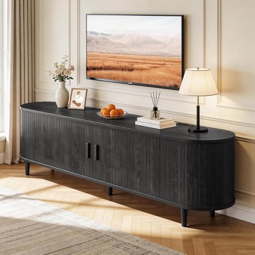 65" Mid Century Modern TV Stand with Power Outlet, Fluted Entertainment Center with Storage and Adjustable Shelves, Wood TV Console with Sliding Doors for Living Room, Black by Unknown