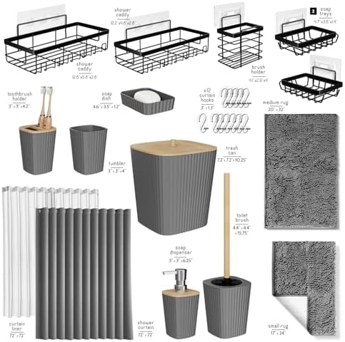 Clara Clark Bathroom Accessories Set - 27PC Bathroom Set with Adhesive Corner Shower Caddy Hanging, Bathroom Sets with Shower Curtain and Rugs, Grey Shower Curtain Set with Bathroom Trash Can - Image 3