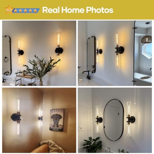 Indoi Black and Gold Wall Sconce, Hardwired Bathroom Sconces Wall Lighting with Clear Glass, Modern Sconces Wall Light fixtures for Bathroom Mirror Living Room Hallway Bedroom - Image 5
