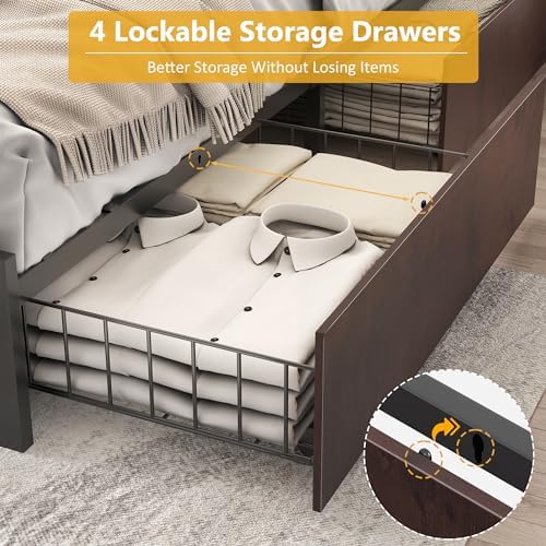 Lifezone Queen Bed Frame with 2-Tier Storage Headboard, Metal Platform Bed Frame with 4 Storage Drawers, Built in Charging Station & LED, Noise-Free/Metal Support/No Box Spring Needed, Coffee Brown - Image 6