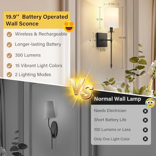 19 inch Battery Operated Wall Sconces Set of 2 with Remote, Rechargeable Wireless Wall Lights with Beige Fabric Shade, Indoor Not Hardwired Dimmable for Bedroom Living Room Decor - Image 3