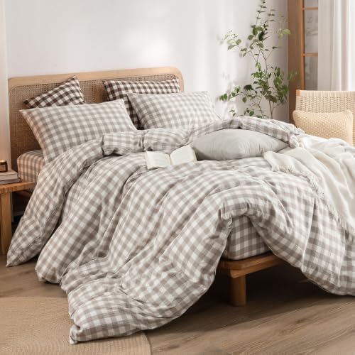 BESTOUCH Gingham Cotton Duvet Cover Set Linen Grey Queen - Image 5