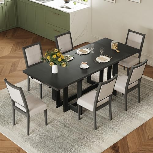 VilroCaz 7-Piece Retro Farmhouse Dining Table Set for 6, Acacia Wood Extendable 82'' Trestle Dining Table with 6 Upholstered Chairs for Home Kitchen& Dining Room (Grey+Beige-12.4) by VilroCaz