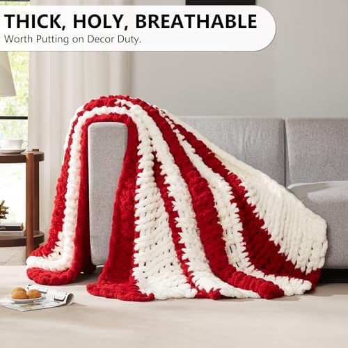 L'AGRATY Chunky Knit Throw Blanket for Couch, 80 x 90 Inches, Red White - Image 5